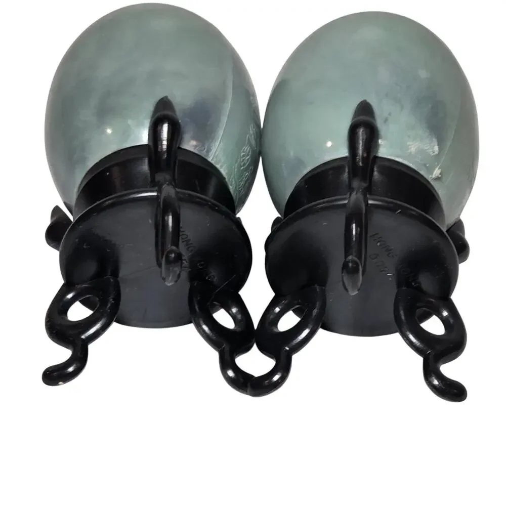 Vintage Hong Kong Faux Jade Egg Salt & Pepper Shakers Asian Landscape w/ Stands